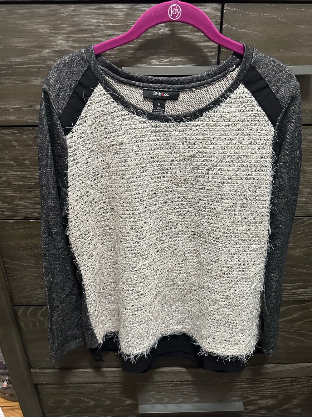 Style & Co. Two-Tone Cream Front Raglan Sweater with Charcoal Sleeves